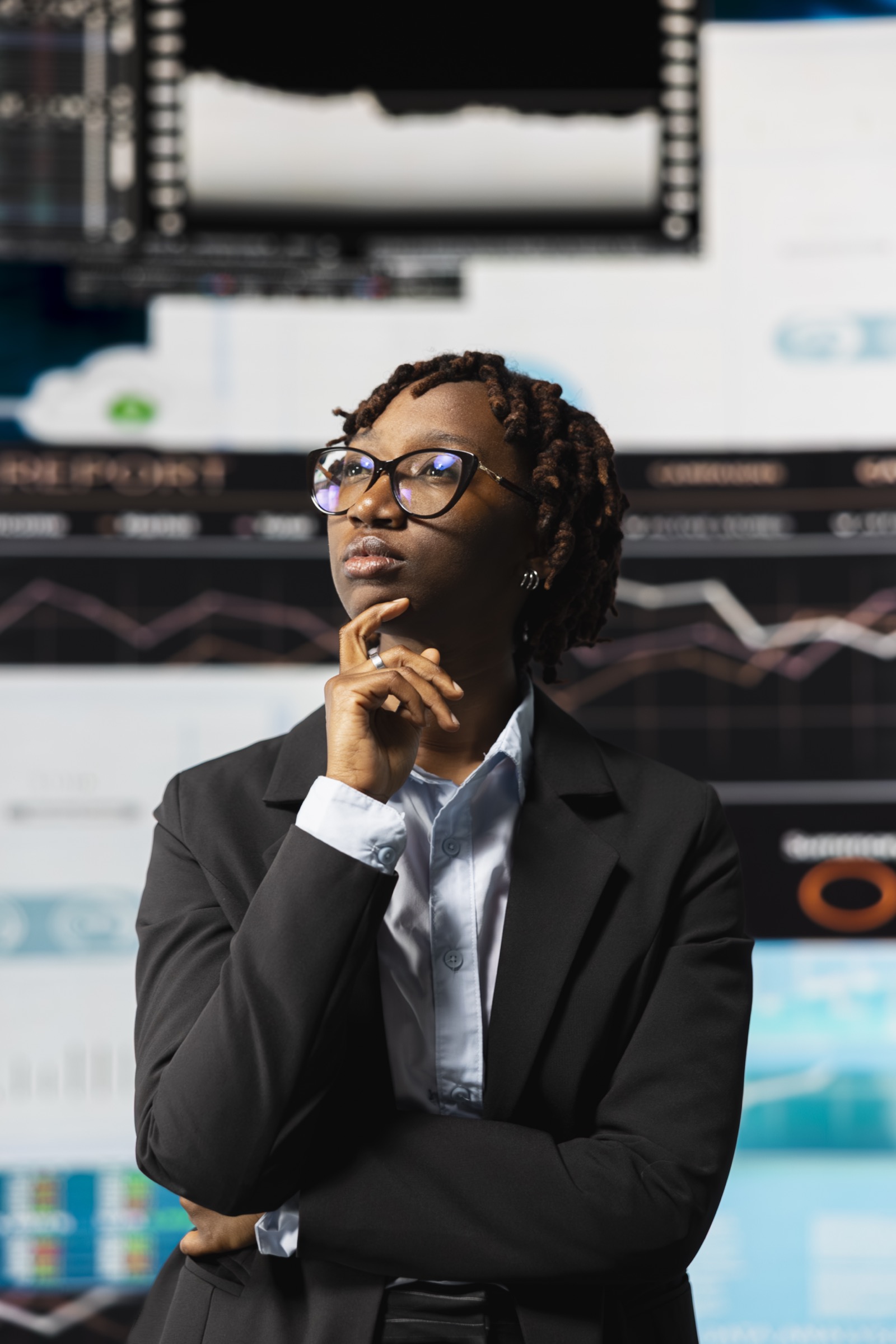Business expert reviewing digital dashboard with revenue projection and risk models